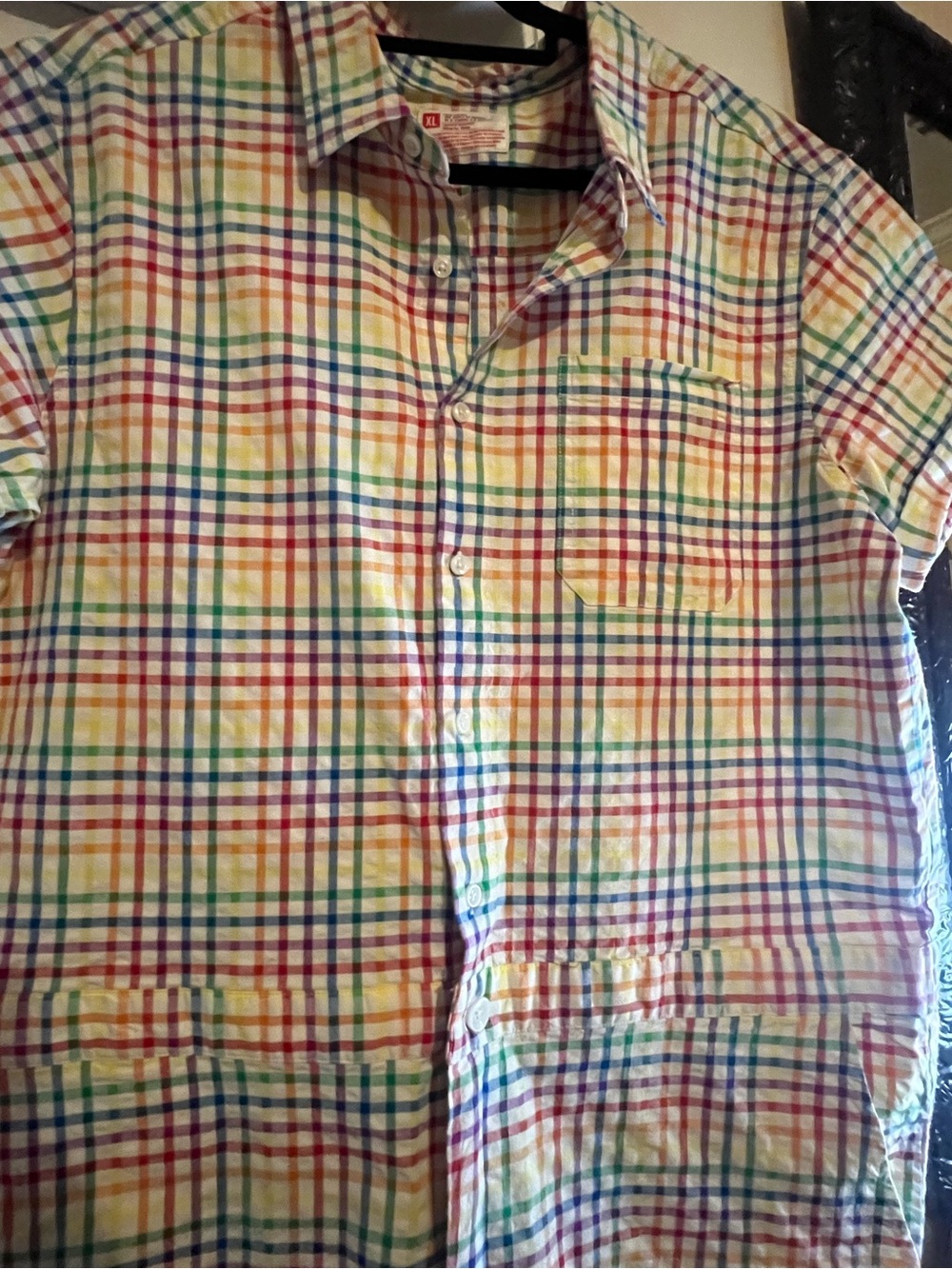 Ladies Short-Sleeve Rainbow Plaid Button-Up Shirt Romper